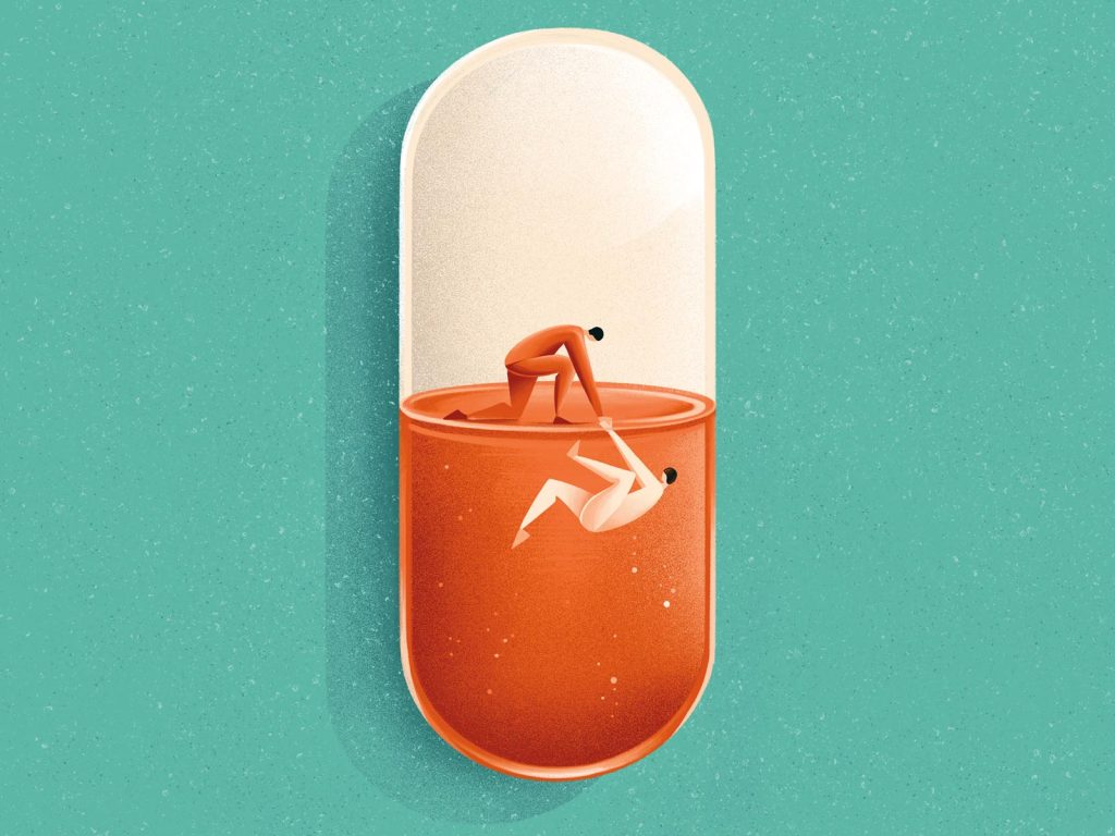 Illustration of a person helping another up through a capsule